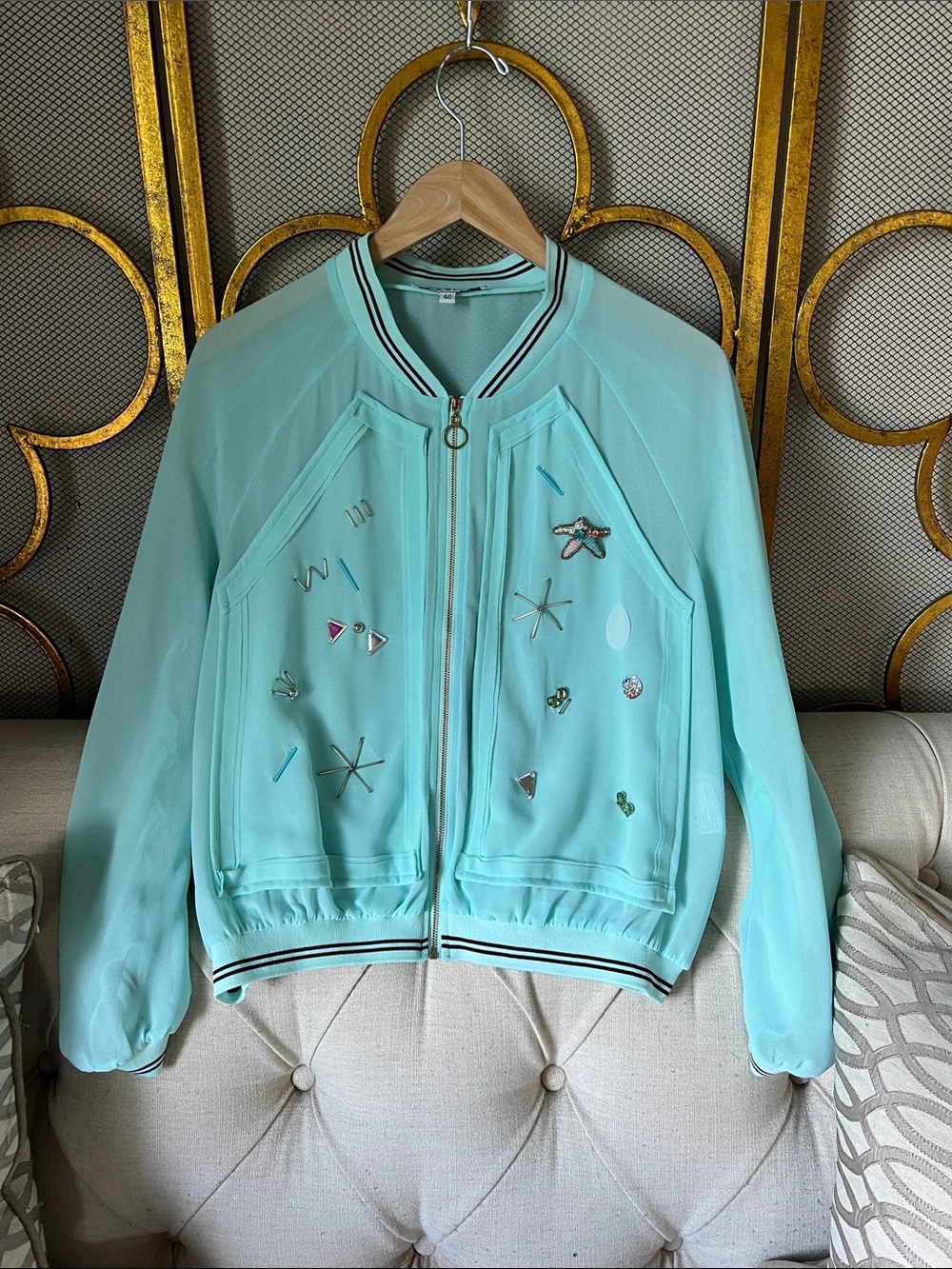 Leslie Fay Mint Embellished Zip-Front Bomber Jacket